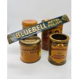 A selection of four old tins and a blue bell metal polish sign