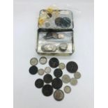 Quantity of old British coins in tin, including 1807 penny, silver shillings, sixpences , and others