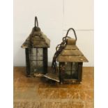 Two hanging wooden and leaded glass porch lights