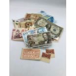 Quantity of banknotes, including USA silver certificate dollar, Canadian, and some 1935 silver