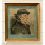 A framed oil painting of a gentleman in overcoat and hat (43cm X 39cm)