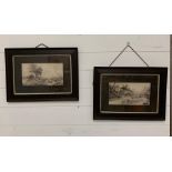 A pair of framed pencil sketches of farming scenes.