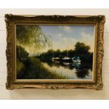 An oil on canvas of a river scene, signed bottom right Graham Petey