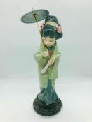 A Lladro figure of an oriental lady holding an open parasol and a closed fan