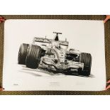 An unframed limited edition print of Lewis Hamilton's first victory by Alan Stammers 195/750 90cm