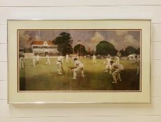 A large framed print by A Chevallr Taylor 1907 of one of crickets most famous paintings of Kent V