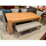 Pine dining room table with grey button back bench and four dining chairs