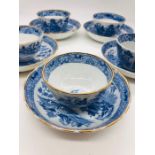 Six English tea cups and saucers in a willow pattern circa 1790.