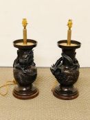 A Pair of Meji period bronze vases with lamp base conversion.