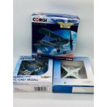 Three diecast model planes Royal Air Force. Hurricane, Corgi Hawker Fury, Fly Nay Hawker Sea Hawk.