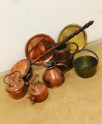 A large selection of six copper and brass items