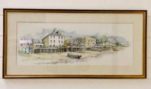 A framed water colour signed by Peter Kewt 1993 of Greenwich waterfront scene featuring, the