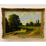 An oil on canvas of a lakeside country scene signed H Shingler