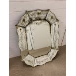 A clear glass Venetian mirror etched with flowers and dot detailing (73cm x 93cm)
