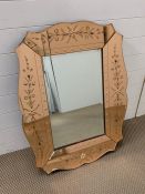 Large Venetian mirror etched with flower and dot detailing in rose tint (71cm x 91cm)