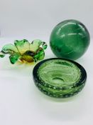 A selection of green glass to include a bubble dish