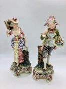 Two Figurines, hand painted, circa 1910 French Majolica bases with floral ornamentation