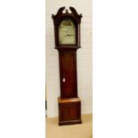 A George III oak and mahogany longcase clock, arched white dial, count wheel movement striking on
