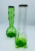Two green art glass bud vases, one with a hallmarked silver rim