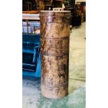 Large metal storage drum container with a copper coloured patina thought to be used to store coats