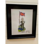 A framed Mac cartoon of Prime Minister Theresa May standing on a European flag with a Union Jack