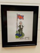 A framed Mac cartoon of Prime Minister Theresa May standing on a European flag with a Union Jack