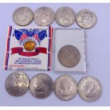 A selection of Crowns and two American coins, 1971 dollar and a Bicentennial penny