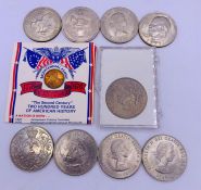 A selection of Crowns and two American coins, 1971 dollar and a Bicentennial penny