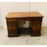 A double pedestal desk with nine drawers with keys