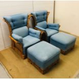 Two cane and bamboo effect arm chairs with matching footstools