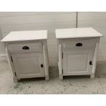 A pair of white bedside cabinets with a drawer and cupboard under
