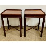Two square occasional tables with crossband stretcher
