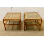 Two square low tables, bamboo and cane effect frame with cane and glass top