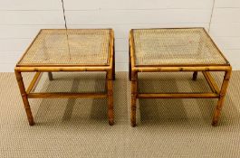 Two square low tables, bamboo and cane effect frame with cane and glass top