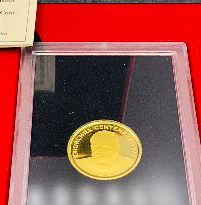 A Cased 1974 Cayman Islands Proof coin Churchill commemorative 12 Karat .345 Troy Oz. - Image 2 of 2