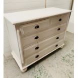 Two over three white chest of drawers on bun feet (H97cm D53cm W120cm)