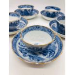 Six English tea cups and saucers in a Willow pattern circa 1790.