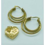 9ct gold earrings and a heart shaped pendant (3.23g total weight)
