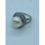 A silver Marcasite and large fresh water Pearl dress ring