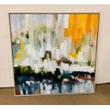Large abstract art canvas, blue, yellow and white