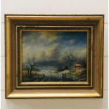 An oil painting of a winter country scene