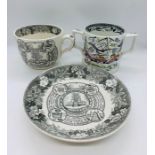 'God Speed the Plough' two handled cup and an Adams 'In God is Our Trust, Mug and Saucer.