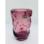 Whitefriars Knobbly cased Aubergine Vase c.1972 H 18.5cms with label