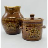 Treacle ware pottery commemorative lidded pot and jug