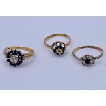 A selection of three 9ct gold rings with Diamond and Sapphire settings