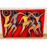 A Large oil on canvas painting of Dancers in vibrant colours