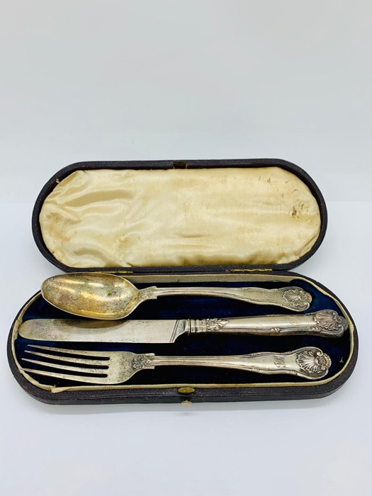 A silver boxed Christening set of knife, fork and spoon.