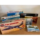 Eight model toy kits of planes and helicopters by Airfix, Heller and Pioneer