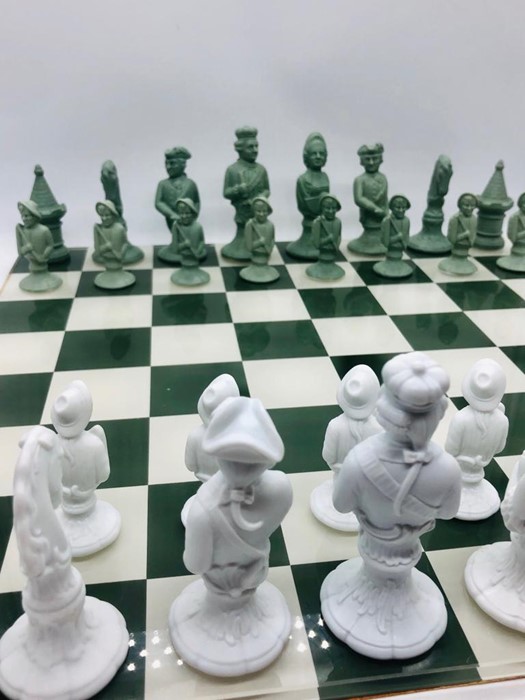 A German Furstenberg Biscuit Porcelain Chess Set in sage green and white in case with glass topped - Image 4 of 14