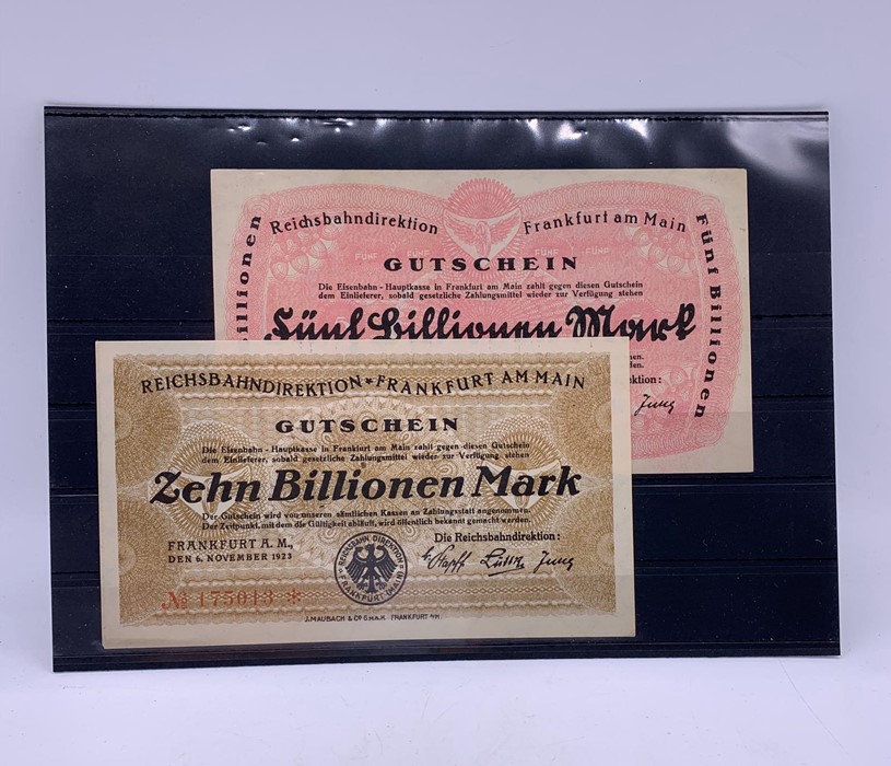 A Five and Ten Trillion mark German Notgeld bank notes.